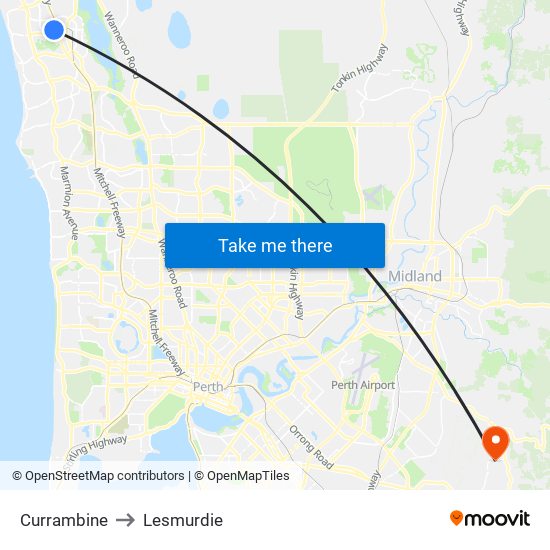 Currambine to Lesmurdie map