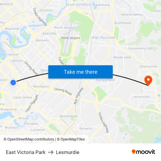 East Victoria Park to Lesmurdie map