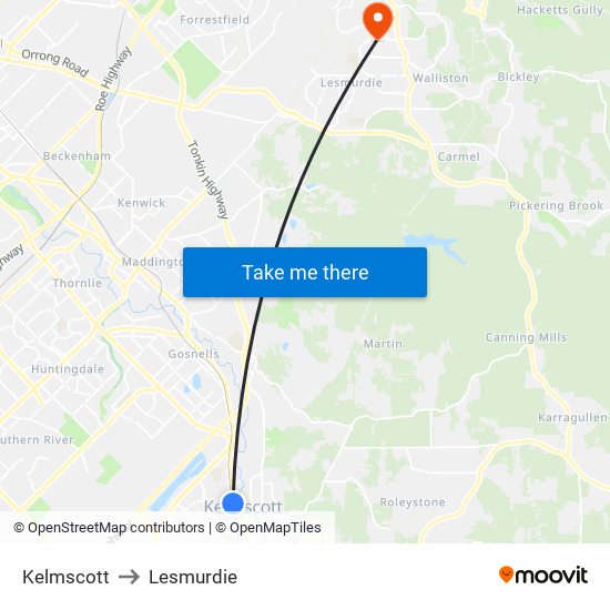 Kelmscott to Lesmurdie map