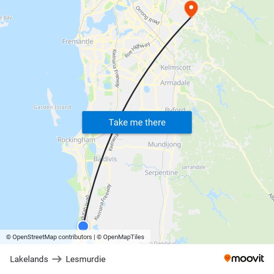 Lakelands to Lesmurdie map