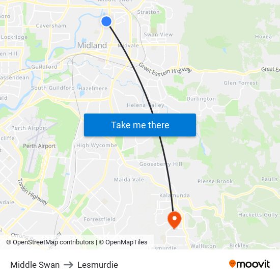 Middle Swan to Lesmurdie map