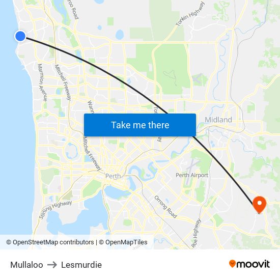 Mullaloo to Lesmurdie map