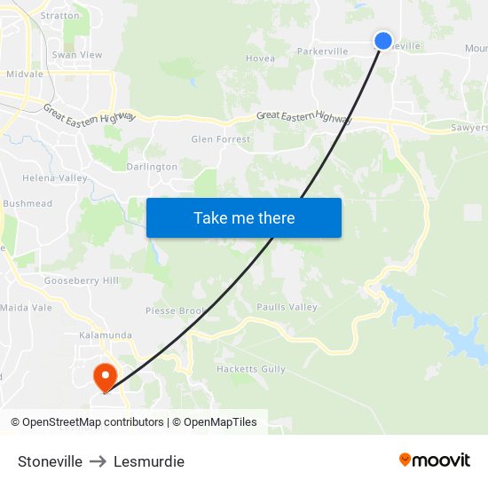 Stoneville to Lesmurdie map