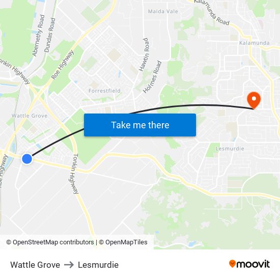 Wattle Grove to Lesmurdie map