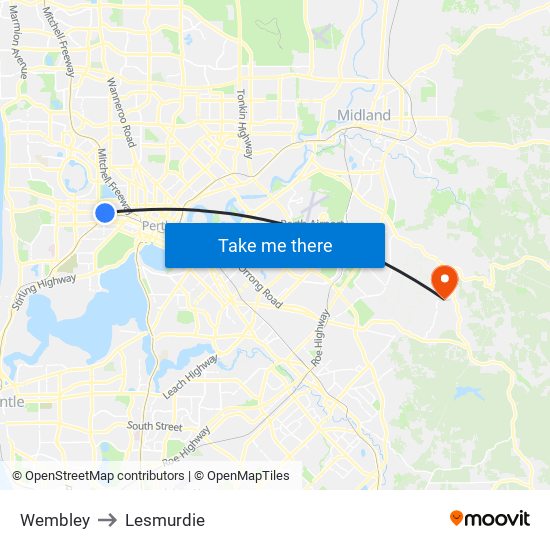 Wembley to Lesmurdie map