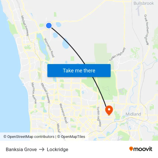 Banksia Grove to Lockridge map