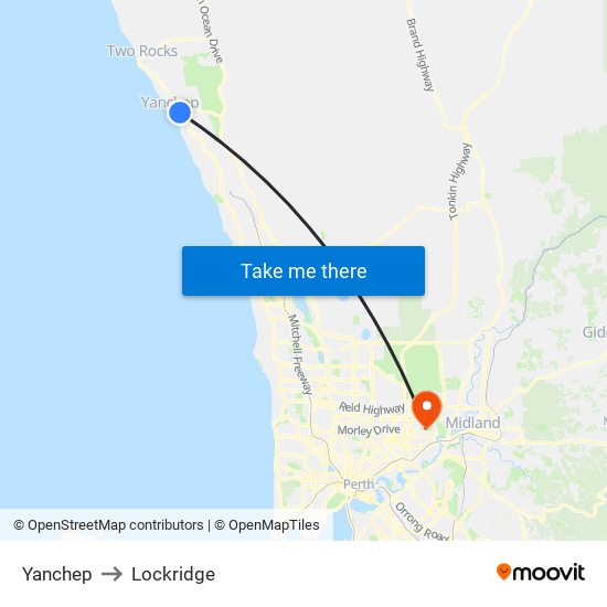 Yanchep to Lockridge map