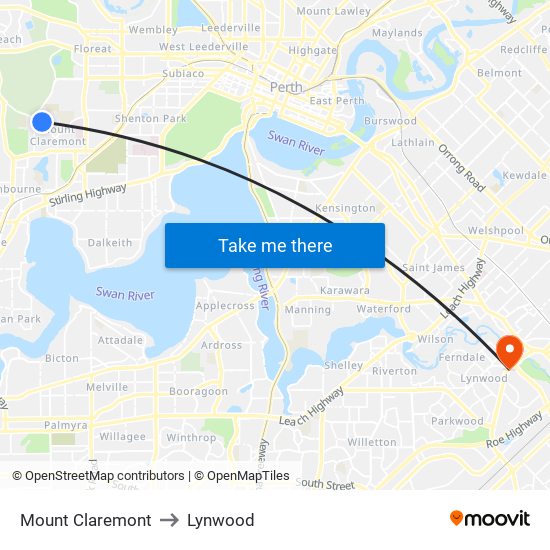 Mount Claremont to Lynwood map