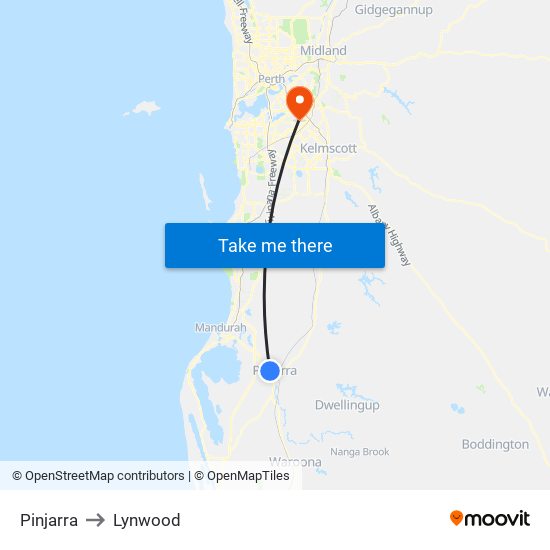 Pinjarra to Lynwood map