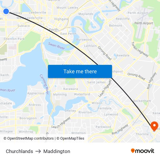 Churchlands to Maddington map