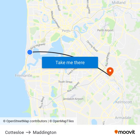 Cottesloe to Maddington map