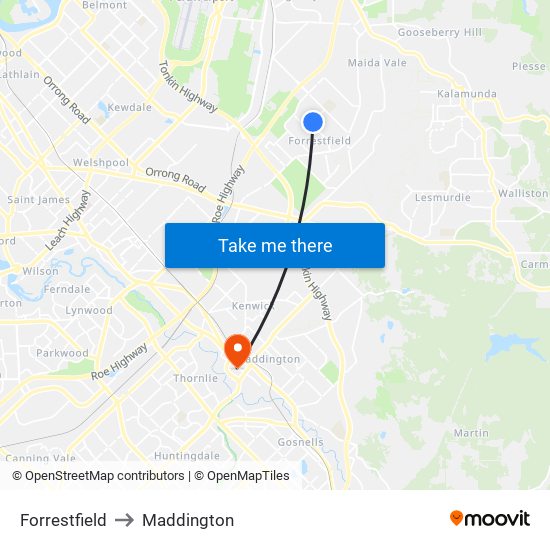 Forrestfield to Maddington map