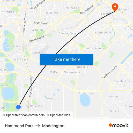 Hammond Park to Maddington map