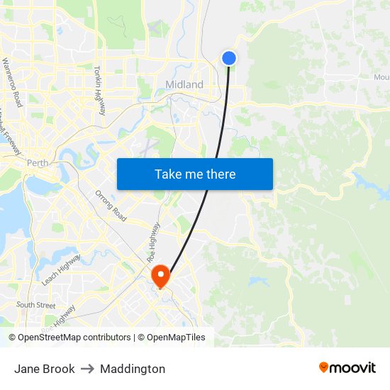 Jane Brook to Maddington map