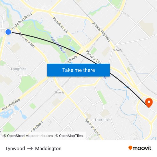 Lynwood to Maddington map