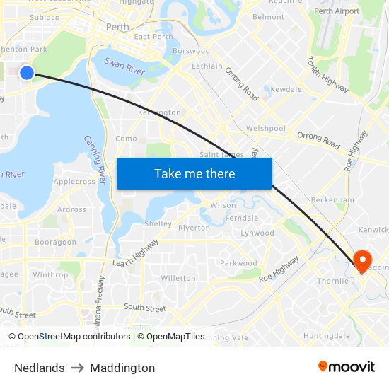 Nedlands to Maddington map