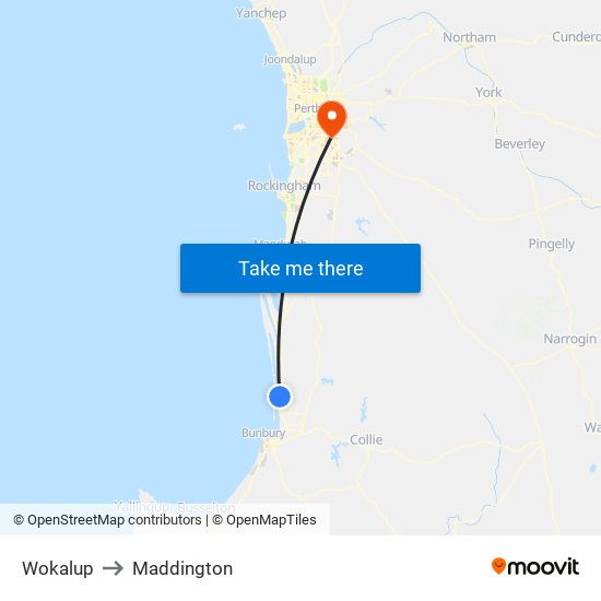 Wokalup to Maddington map