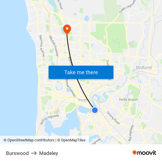 Burswood to Madeley map