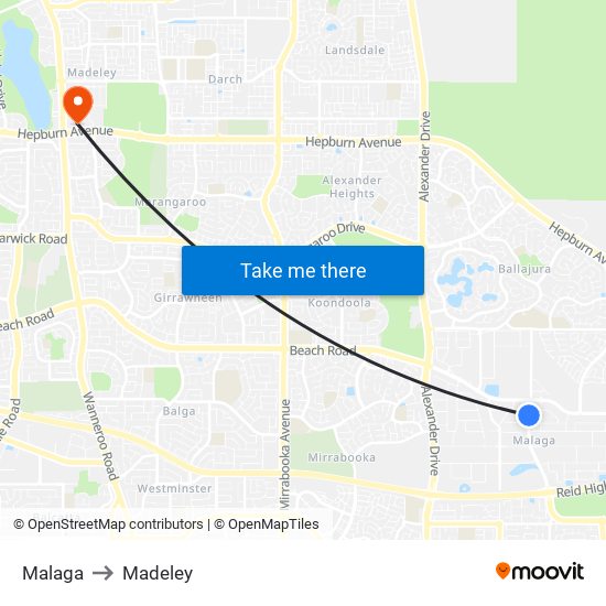 Malaga to Madeley map