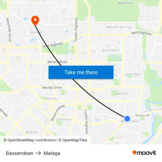 Bassendean to Malaga map