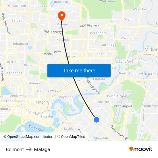 Belmont to Malaga map