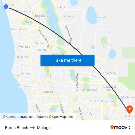 Burns Beach to Malaga map