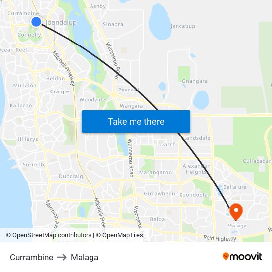 Currambine to Malaga map