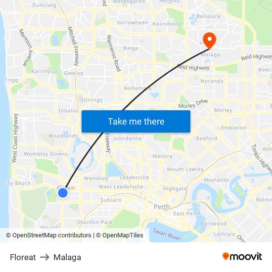 Floreat to Malaga map