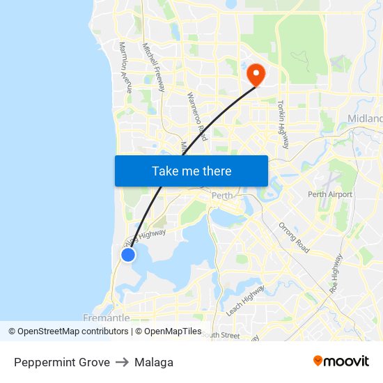 Peppermint Grove to Malaga map