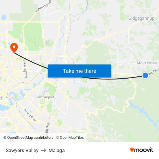 Sawyers Valley to Malaga map