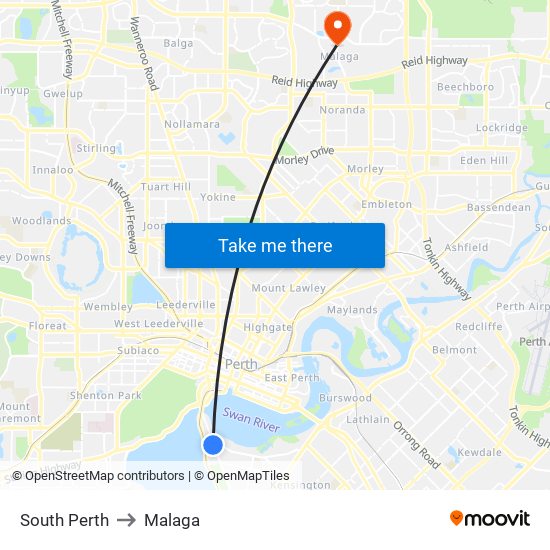 South Perth to Malaga map