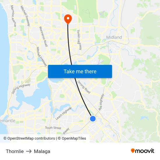 Thornlie to Malaga map