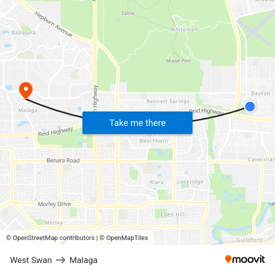 West Swan to Malaga map