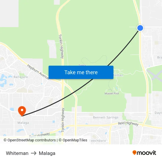 Whiteman to Malaga map