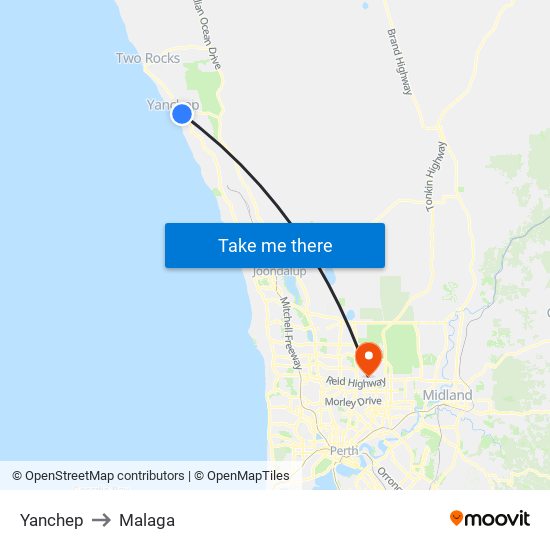 Yanchep to Malaga map