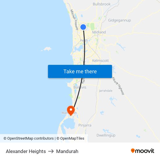 Alexander Heights to Mandurah map