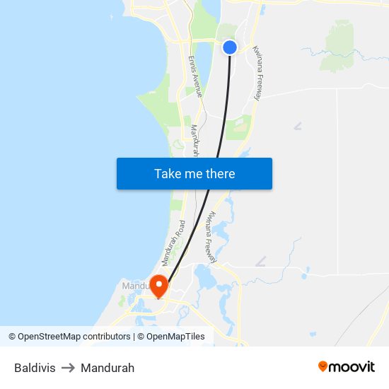 Baldivis to Mandurah map