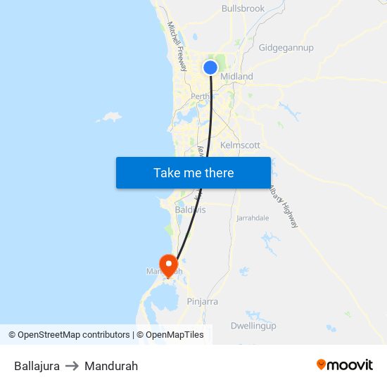 Ballajura to Mandurah map