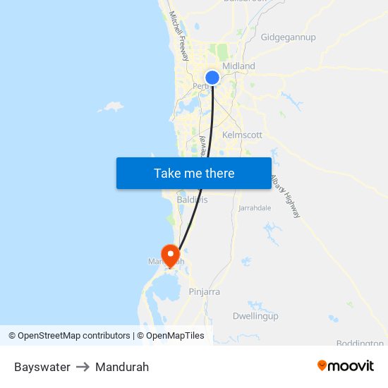 Bayswater to Mandurah map