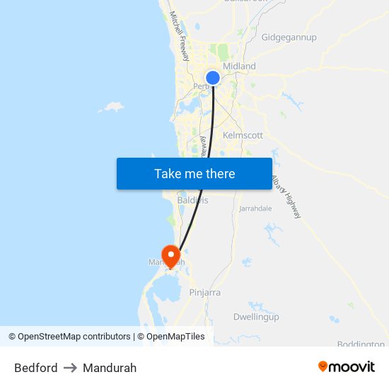 Bedford to Mandurah map