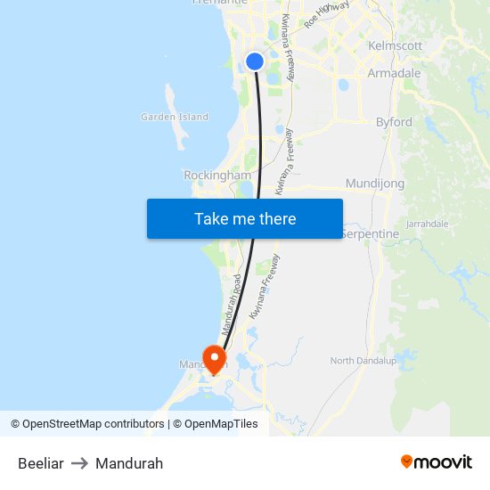 Beeliar to Mandurah map