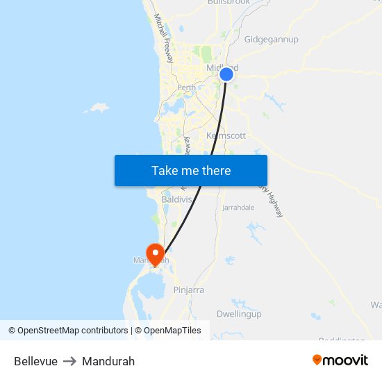 Bellevue to Mandurah map