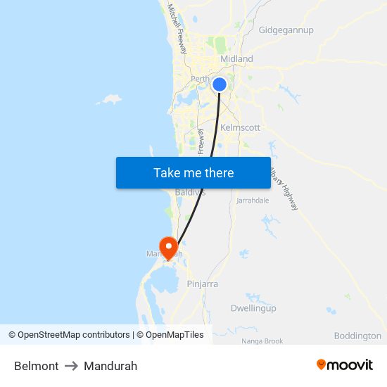 Belmont to Mandurah map