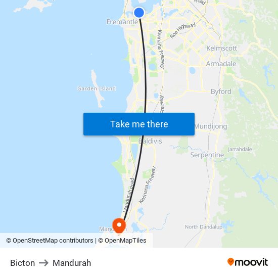 Bicton to Mandurah map