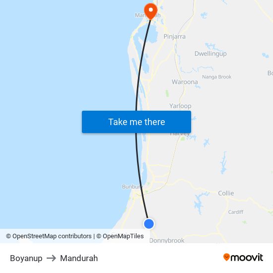 Boyanup to Mandurah map