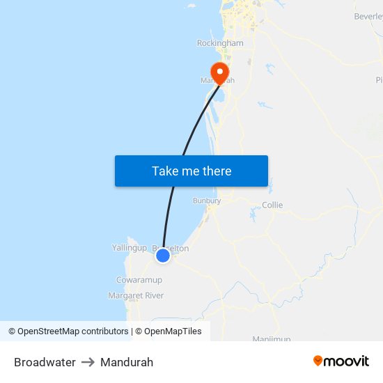 Broadwater to Mandurah map