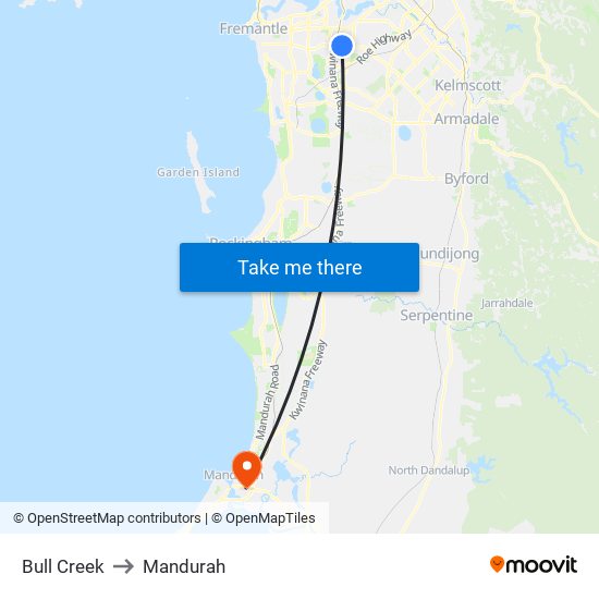 Bull Creek to Mandurah map