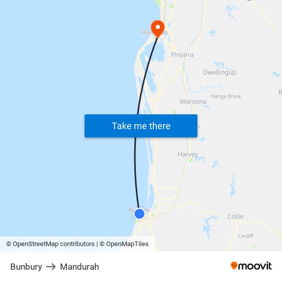 Bunbury to Mandurah map