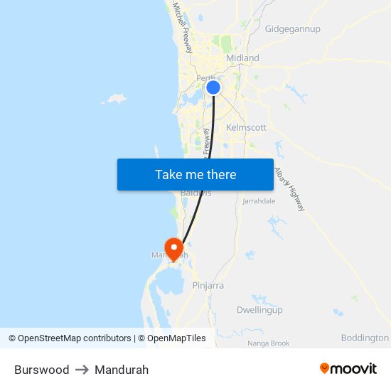 Burswood to Mandurah map