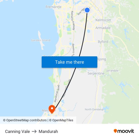 Canning Vale to Mandurah map